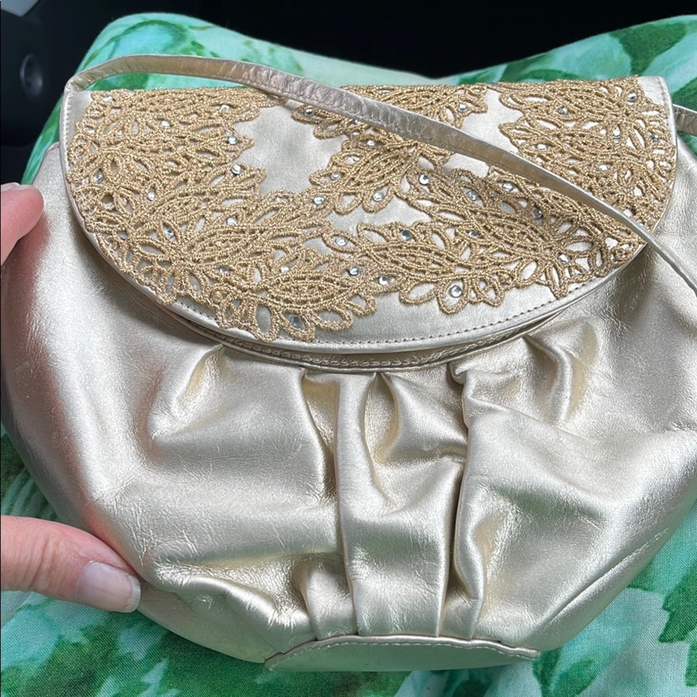 Stuart Weitzman Gold Evening Bag Clutch with Beaded Embellishments